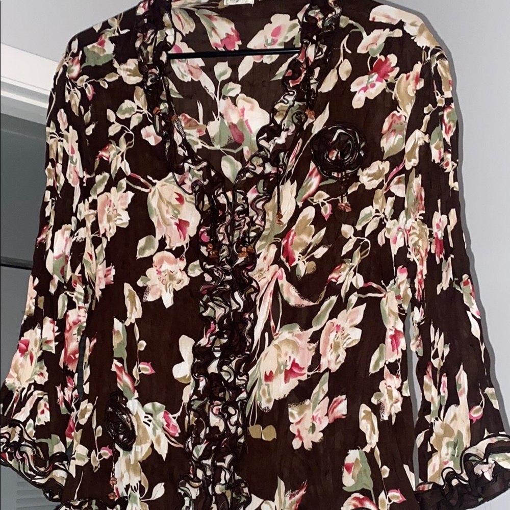 Agora- Vintage Beaded Floral Ruffle Trim Brown Women’s Blouse